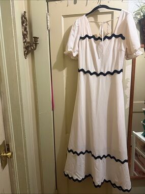 White Maxi Dress with Navy Wave Trim - Women's Summer Maxi